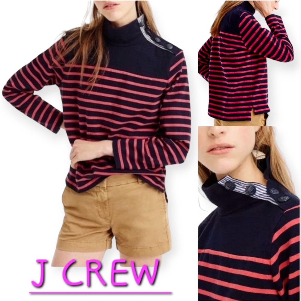 J. Crew Navy and Pink Striped Long Sleeve Tee with Button Shoulder